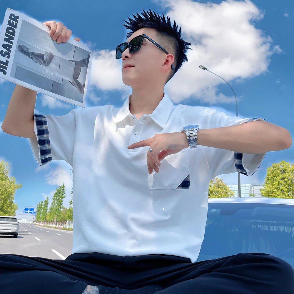 夏季白色韩版短袖T恤男潮牌百搭拼接宽松休闲半袖polo衫翻领上衣
