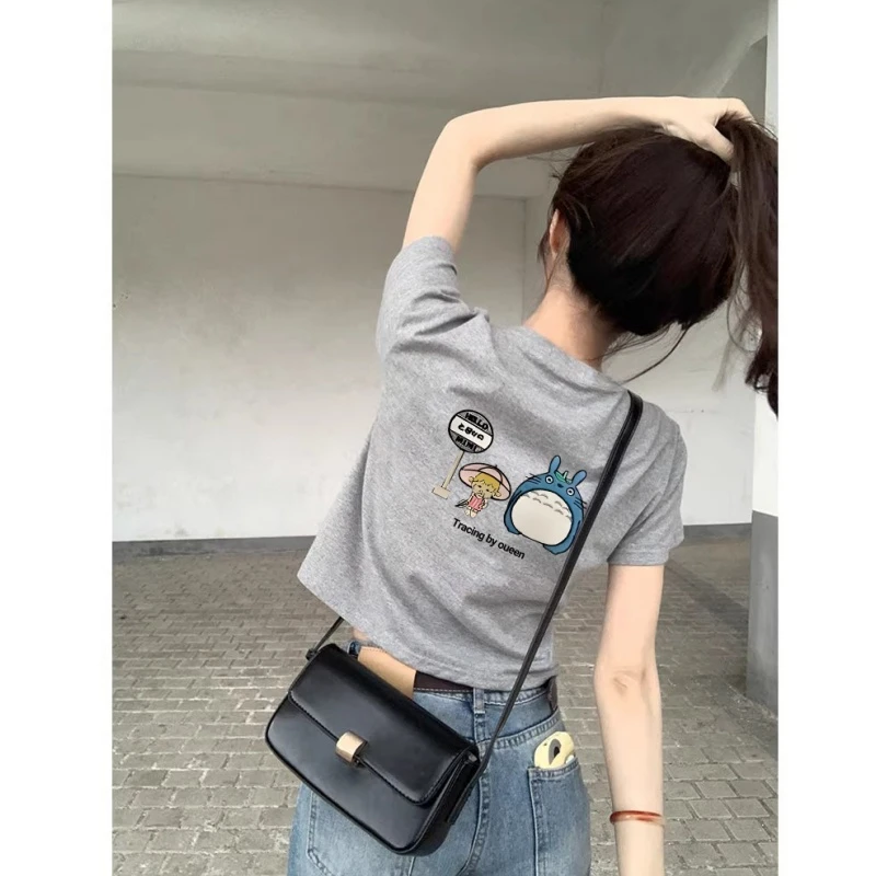 2025新款修身龙猫印花正肩洋气短袖T恤女夏季设计感小众短款上衣