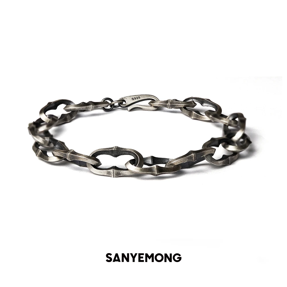 山野望 925银手链 竹节古巴做旧潮流情侣男手链原创轻奢小众手饰