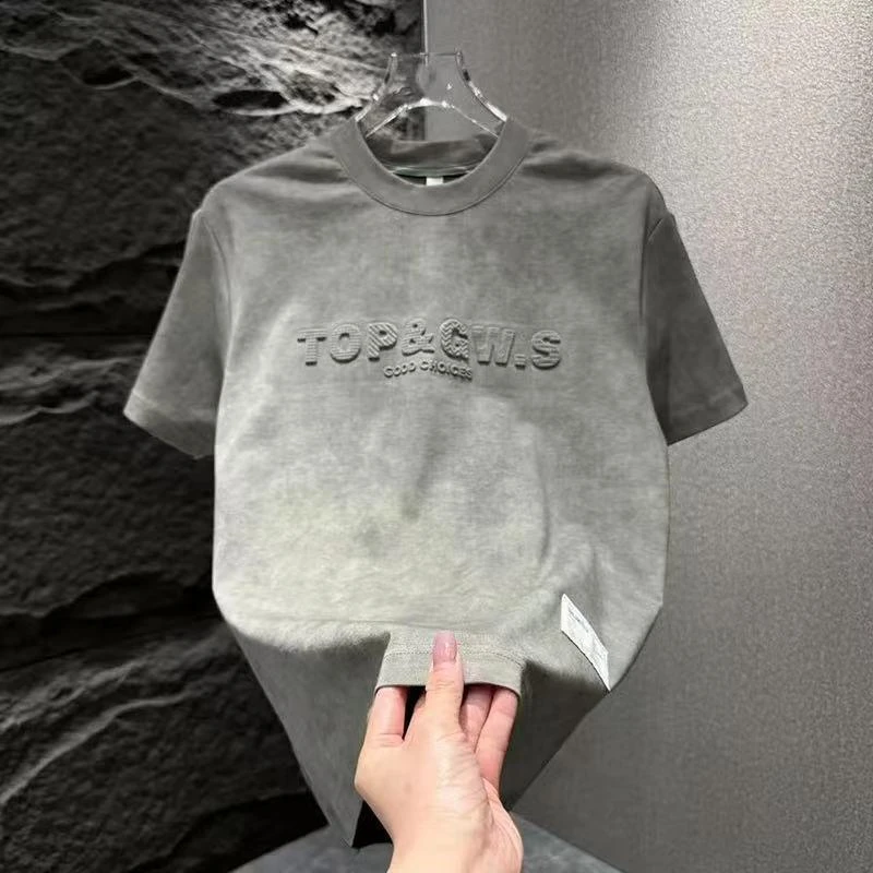 夏季新款潮流扎染钢印字母圆领短袖男士简约时尚百搭休闲半袖T恤