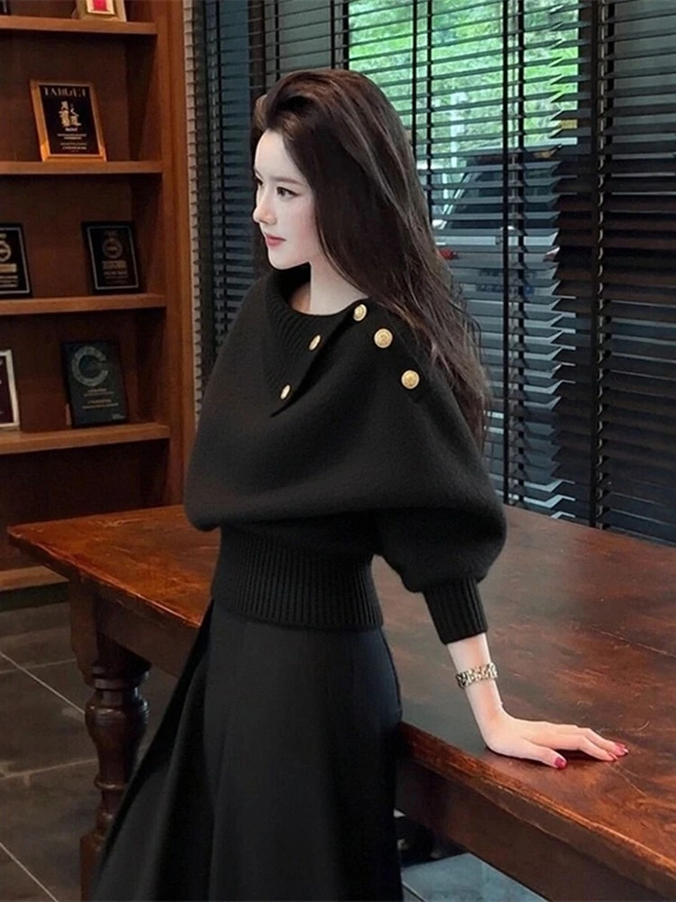 美拉德黑色设计感翻领毛衣女秋冬高级感慵懒老钱风针织衫内搭上衣