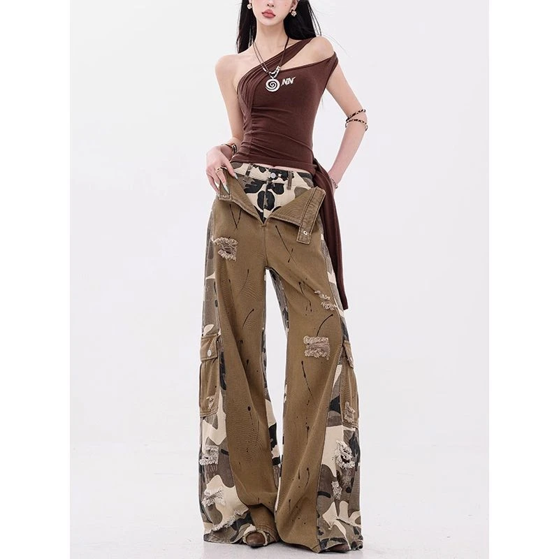 胖mm美式vibe迷彩拼接工装牛仔裤女大码秋季复古假两件阔腿拖地裤