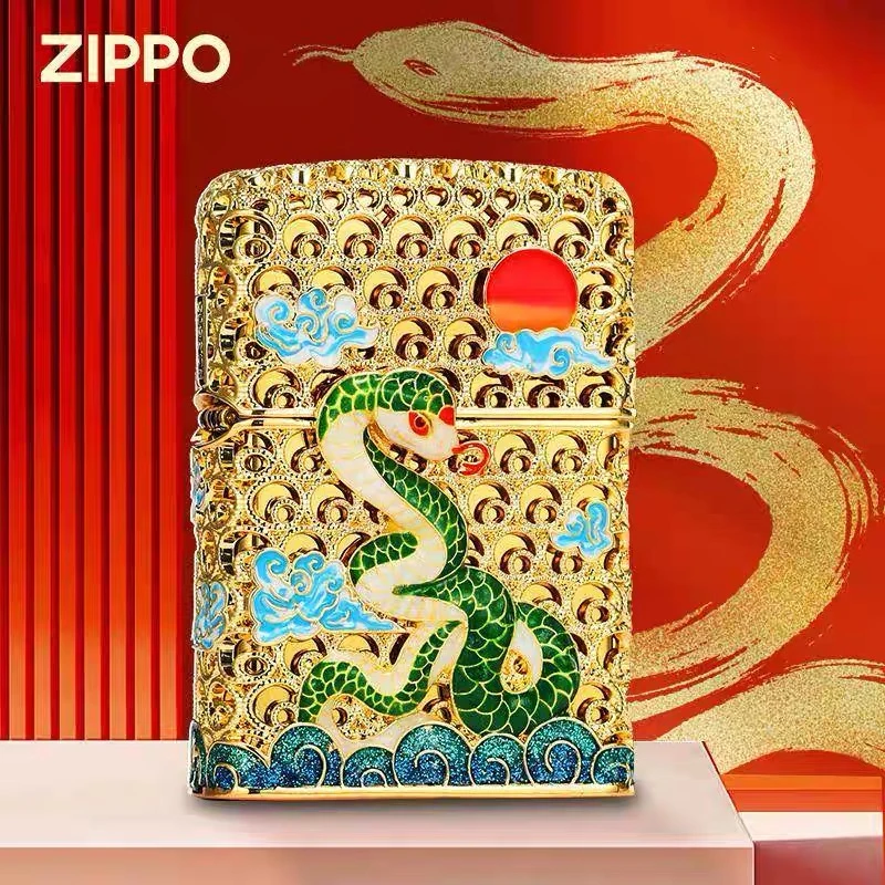 【CC】zippo打火机正品镀金夜光花丝珐琅生肖青蛇防风之宝男士新年
