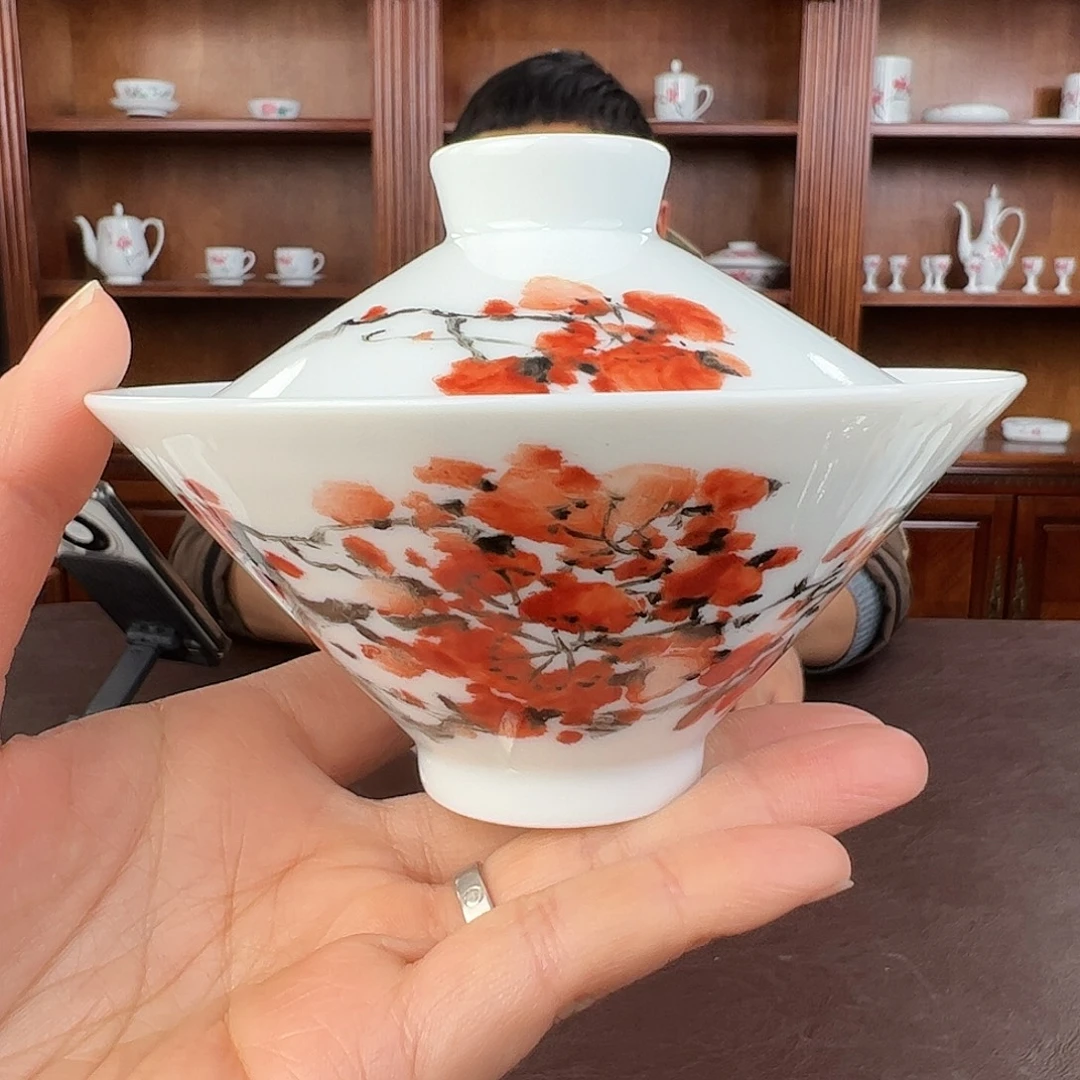 瓷柴窑 红梅斗笠盖碗（周大师作品）