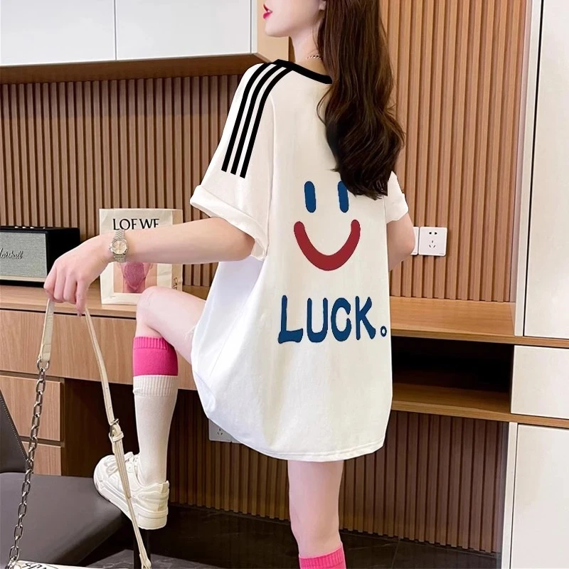 夏季2025新款重磅纯棉女装短袖t恤女休闲运动宽松显瘦中长款上衣