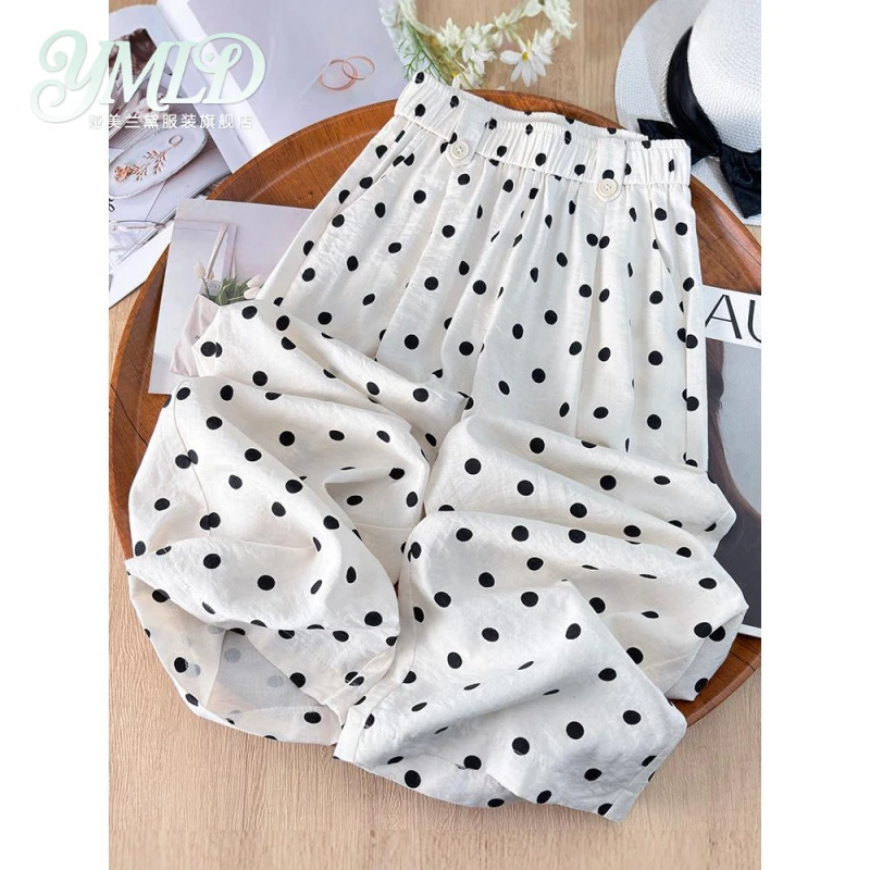 白色波点直筒裤女夏季薄款2025新款高腰休闲凉凉裤冰丝九分阔腿裤