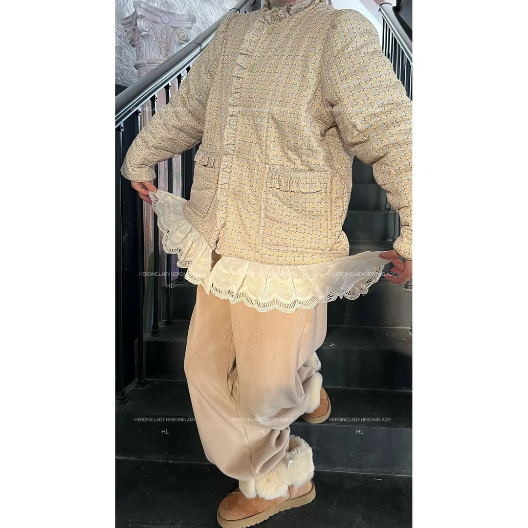 【沐言】HL新疆棉冬圆领蕾丝花边甜美可爱宽松休闲保暖棉服外套