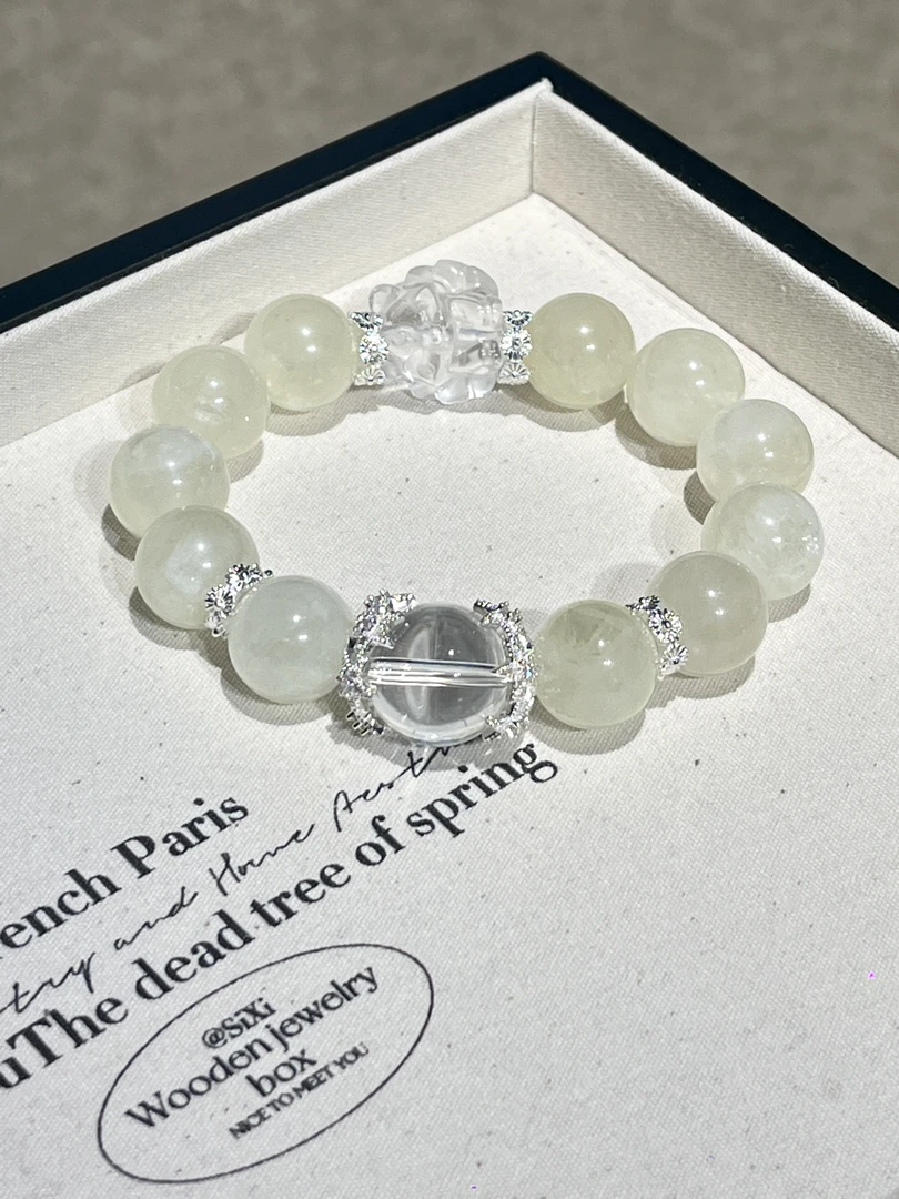 「元来直播间」3346 14mm柠檬晶＋15mm白水＋狐牌 水晶手串