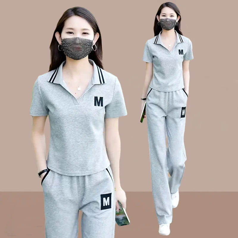 高含棉休闲运动服套装女2026年夏季新款减龄短袖阔腿裤两件套