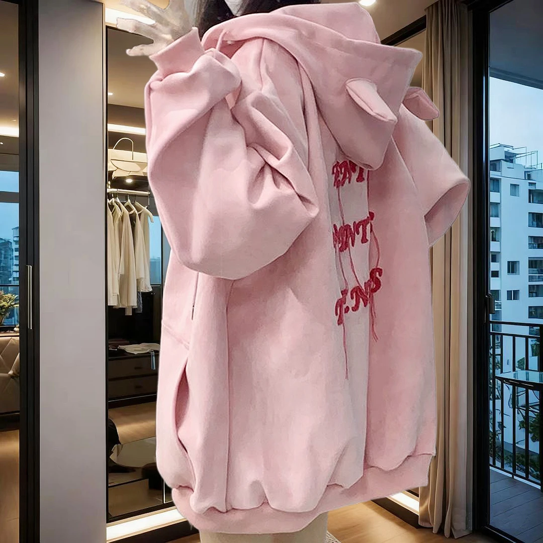 麂皮绒小恶魔连帽卫衣休闲男女特大码300斤美式复古宽松开衫外套