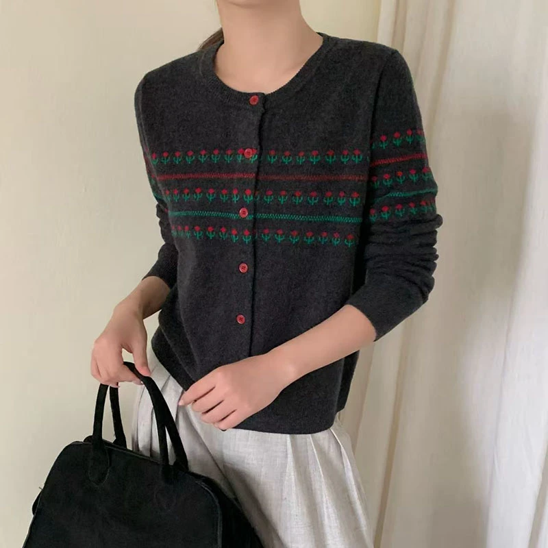 【香嘉怡新品】XJYE3742女士上衣100绵羊毛圆领开衫秋冬针织衫