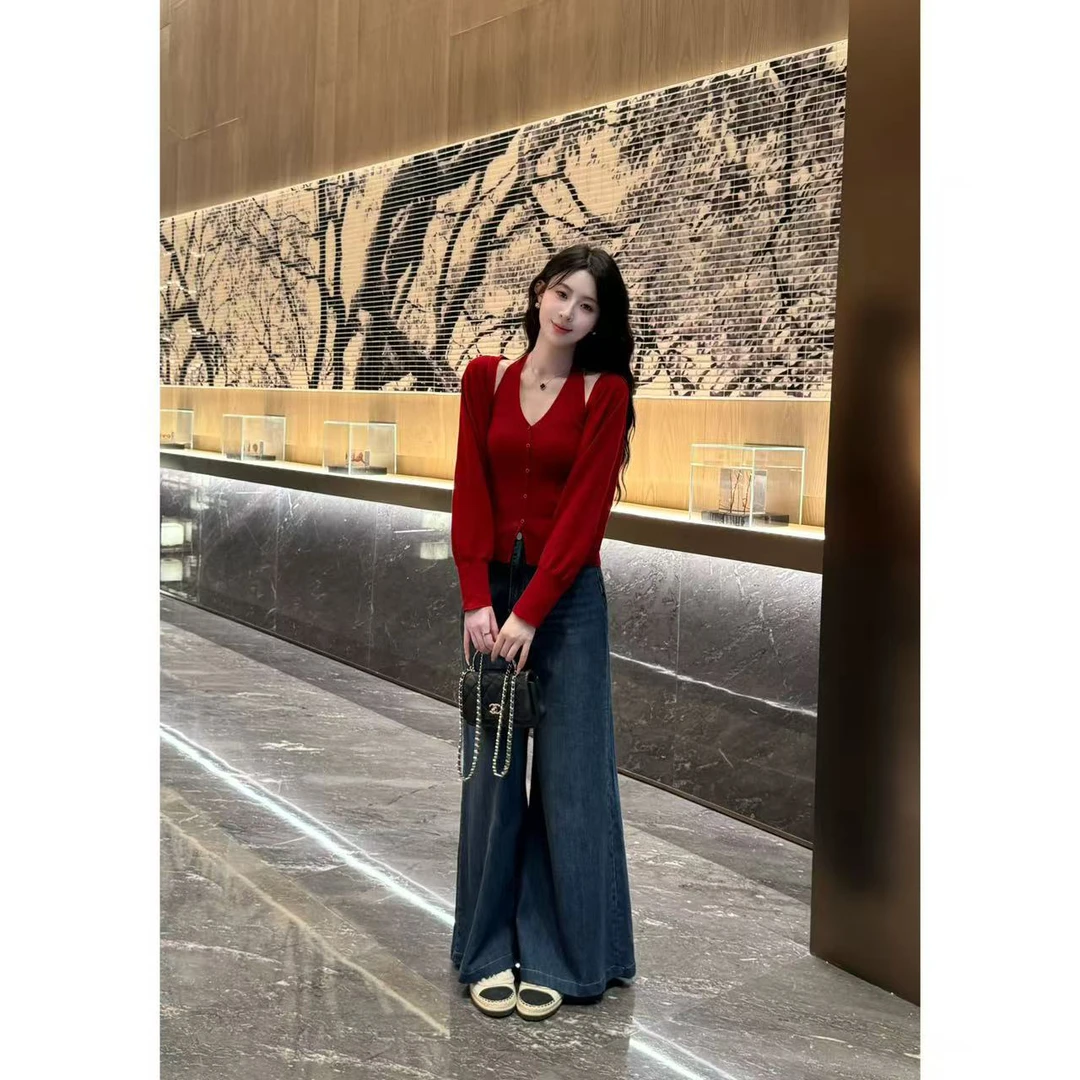 YUANLIANSU/圆脸酥【露草流茧】挂脖背心+针织罩衫上衣秋季两件套女