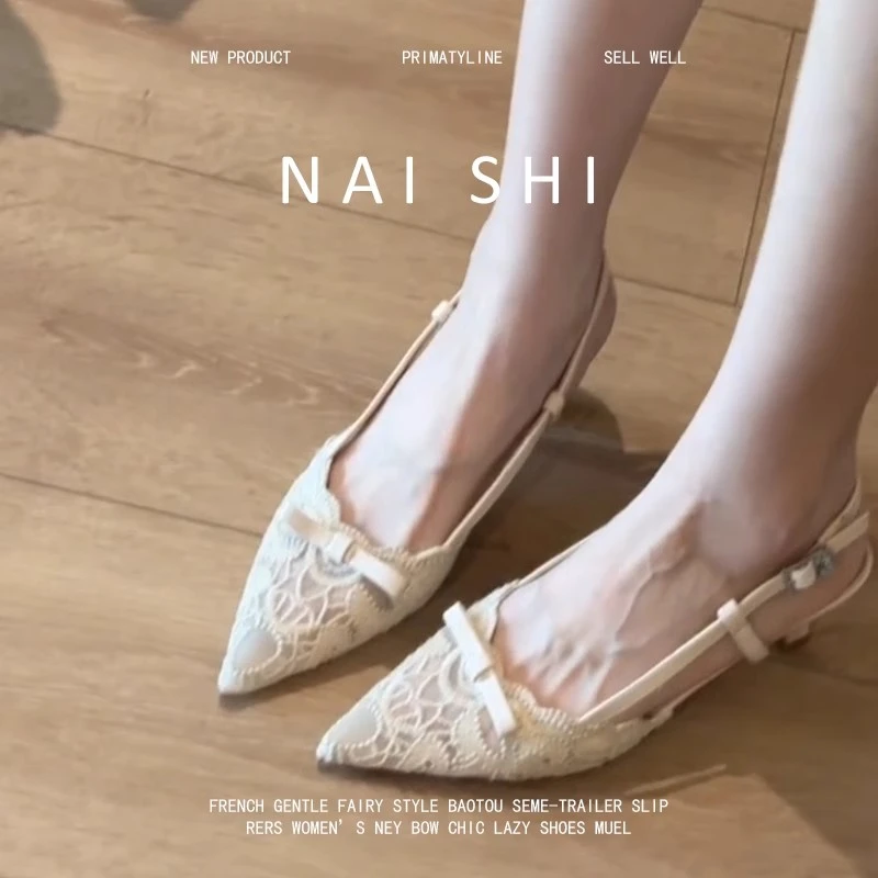 羊皮版！法式蕾丝镂空高跟鞋女一字带细跟尖头包头凉鞋新中式单鞋