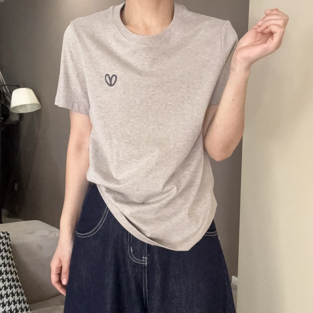 直筒型T恤通勤风印花百搭休闲圆领双色短袖-24016
