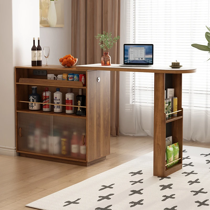 实木伸缩吧台桌中古风隔断边柜家用客厅吧台柜餐桌一体收纳储物柜