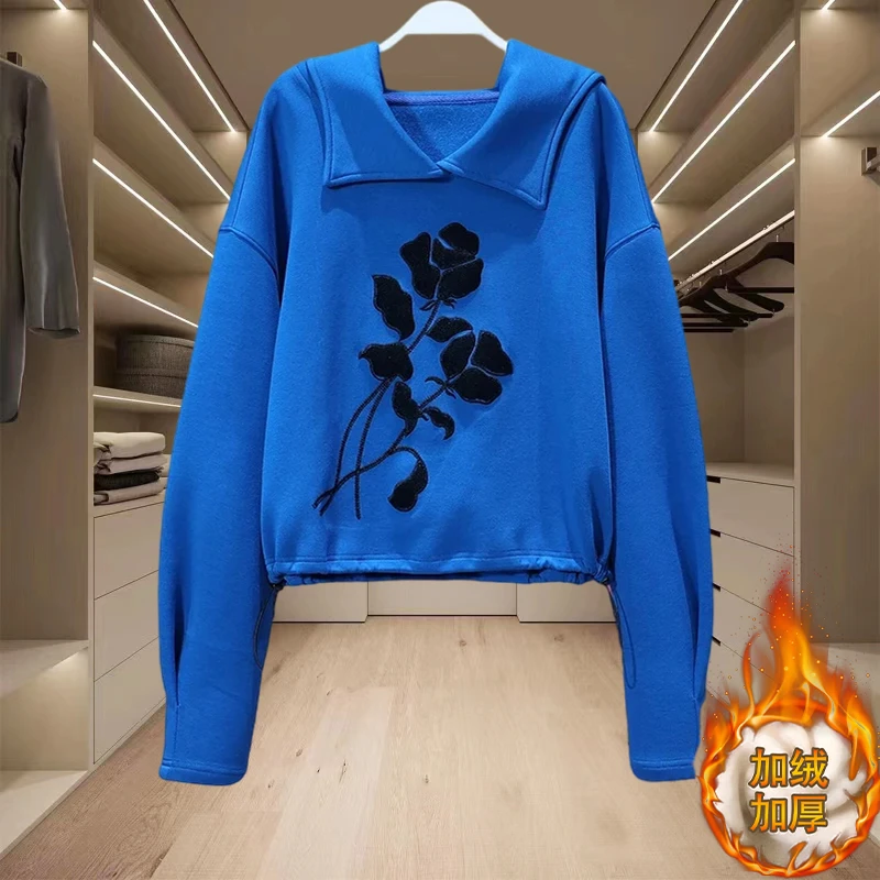 新款花朵刺绣连帽保暖卫衣加厚加绒女款秋冬爆款时尚宽松百搭上衣
