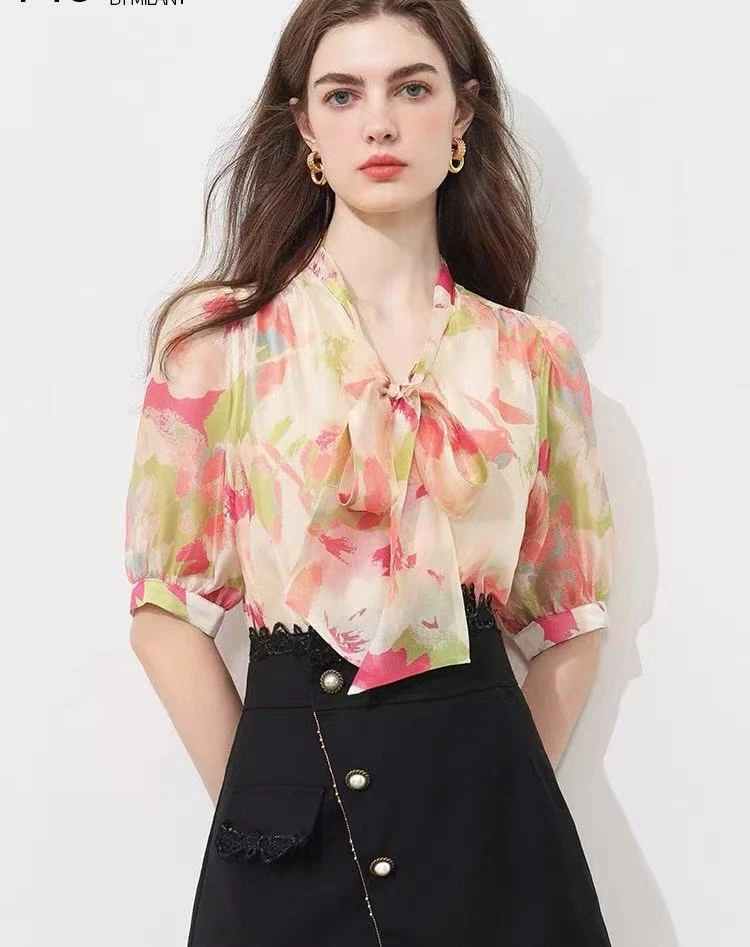 【高奢•墨雪】NN1489-时尚衬衣碎花显瘦洋气复古印花