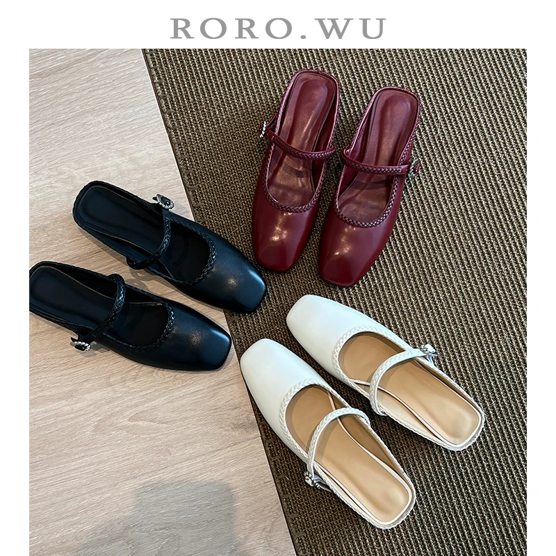 娆娆吴·头层牛皮夏季简约包头编织一字扣带日常通勤百搭拖鞋T502