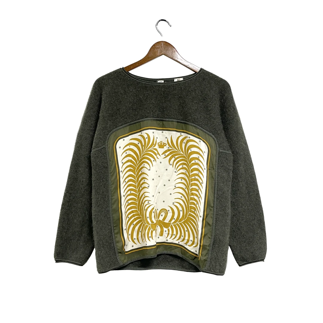 95新 Hermes/爱马仕 青奢荟/38码/百搭绿色花纹宽松毛衣////66534