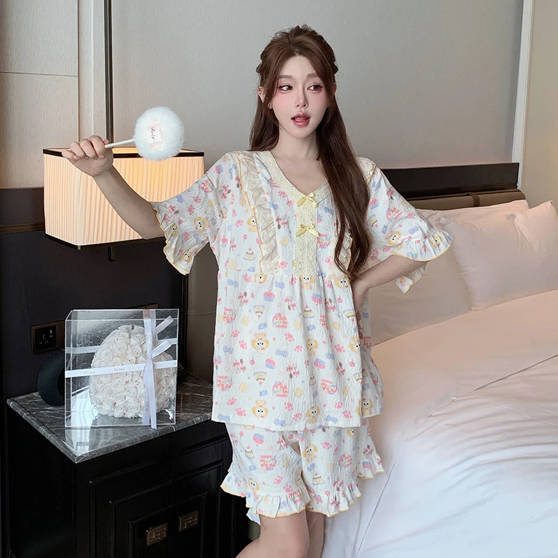 大码睡衣女夏季短袖短裤防凸点蕾丝边V领甜美风卡通饼饼睡衣套装