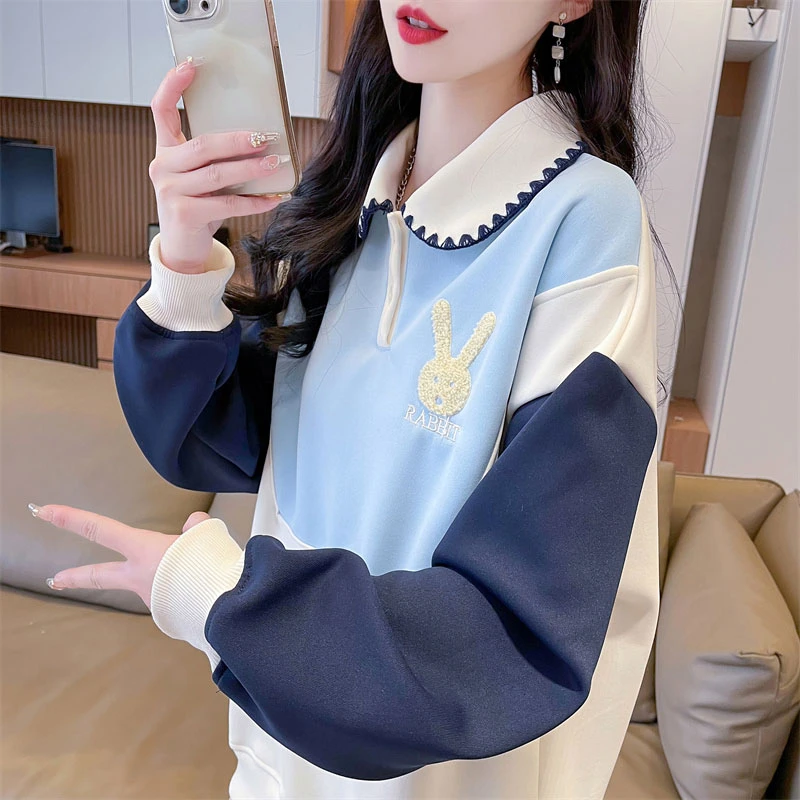 早秋撞色假两件卫衣女2025新款春秋季韩版宽松小个子薄款上衣外套