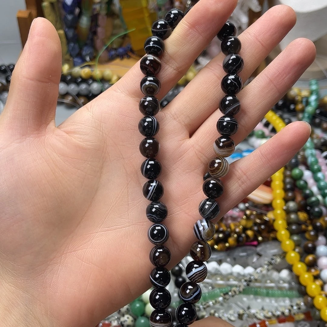 玛瑙/玉髓未镶嵌珠宝半成品卡10咖啡蚕丝玛圆珠一条