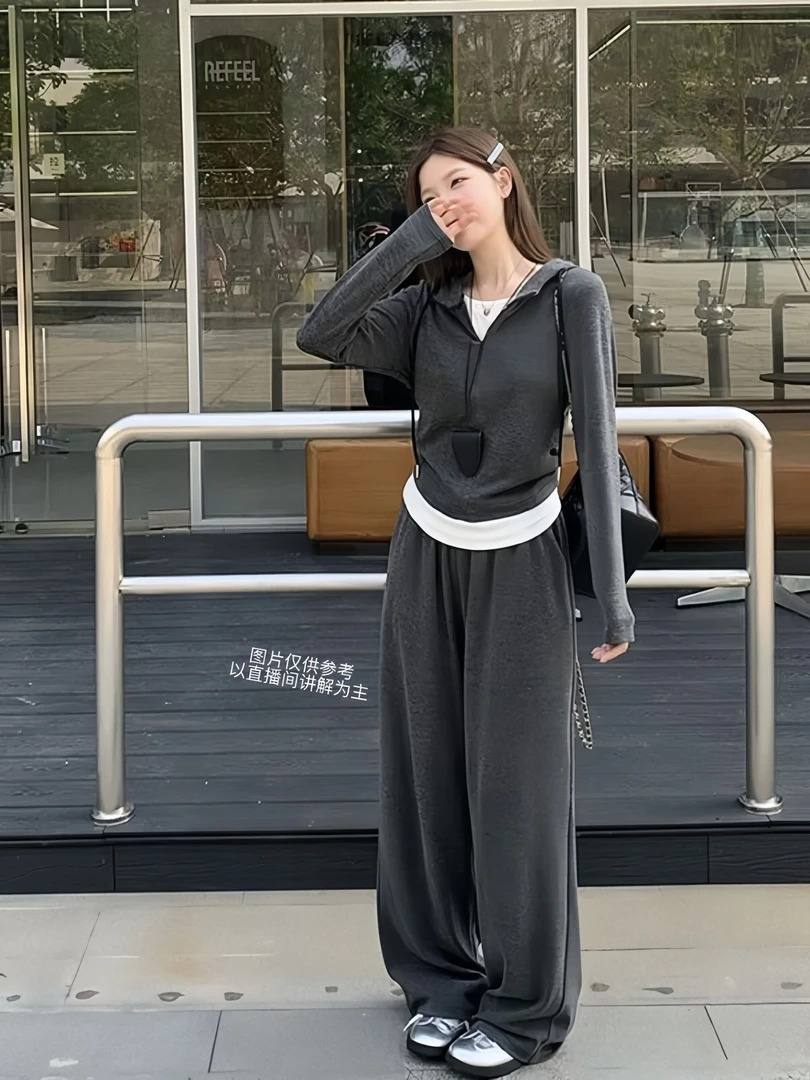 【桃小桃】2025秋季新款女假两件上衣＋阔腿裤休闲韩系显瘦套装大码