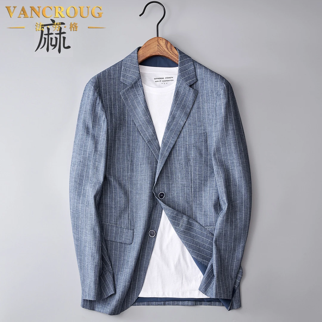 VANCROUG/法劳格西服男士春夏薄款复古条纹休闲时尚韩版潮流上衣