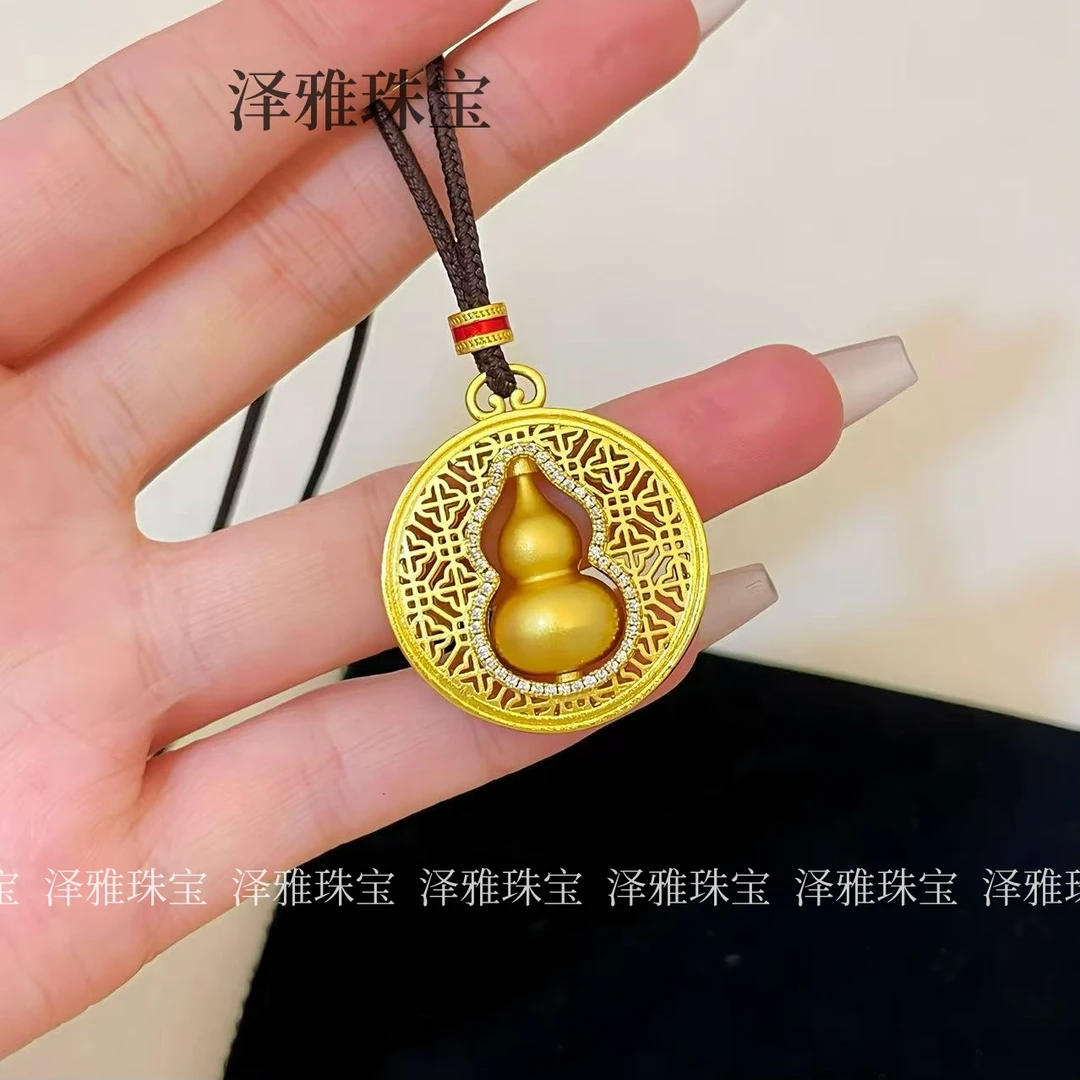 铜合金锆石吊坠 镶钻圆形花窗旋转葫芦吊坠金色精美轻奢挂坠