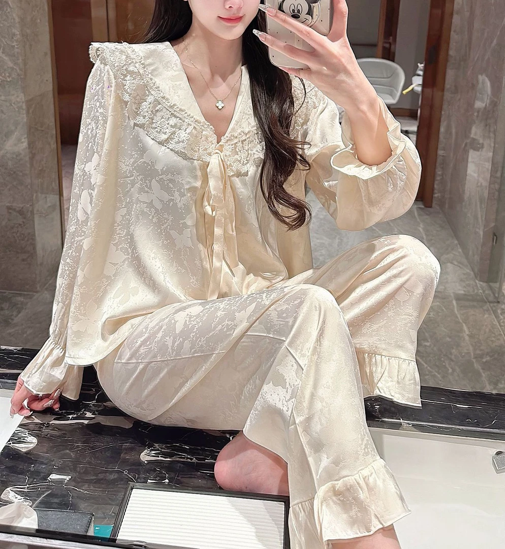 2025春夏季薄款宫廷风蕾丝荷叶边长袖睡衣女甜美宽松家居服套装女