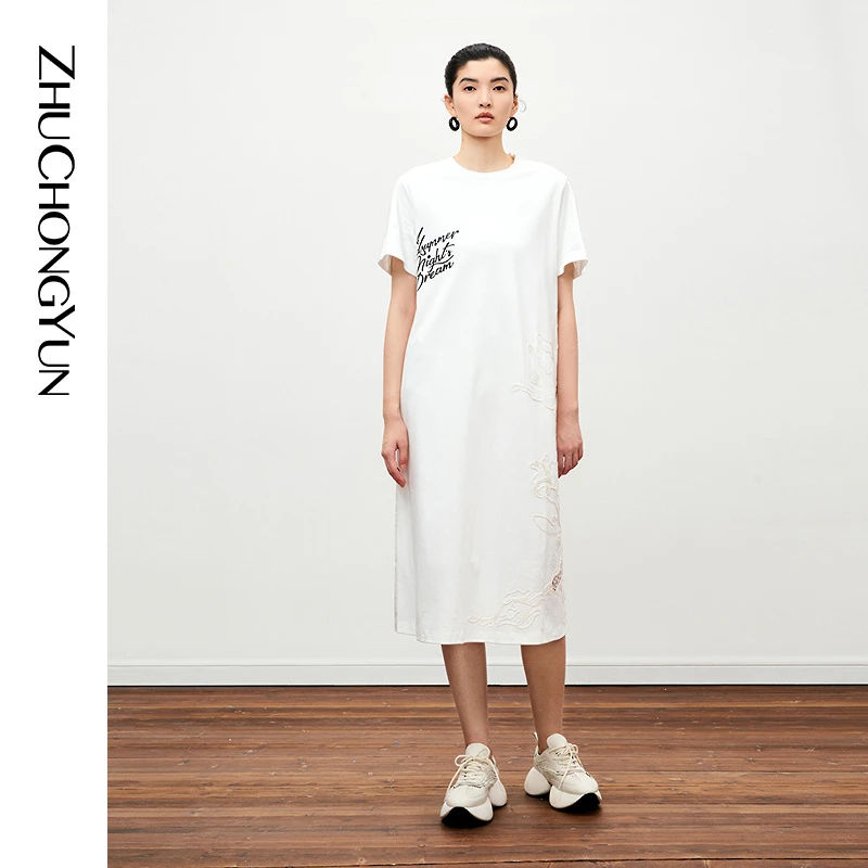ZHUCHONGYUN夏季罗纹圆领简约新中式长款棉质印花T恤连衣裙