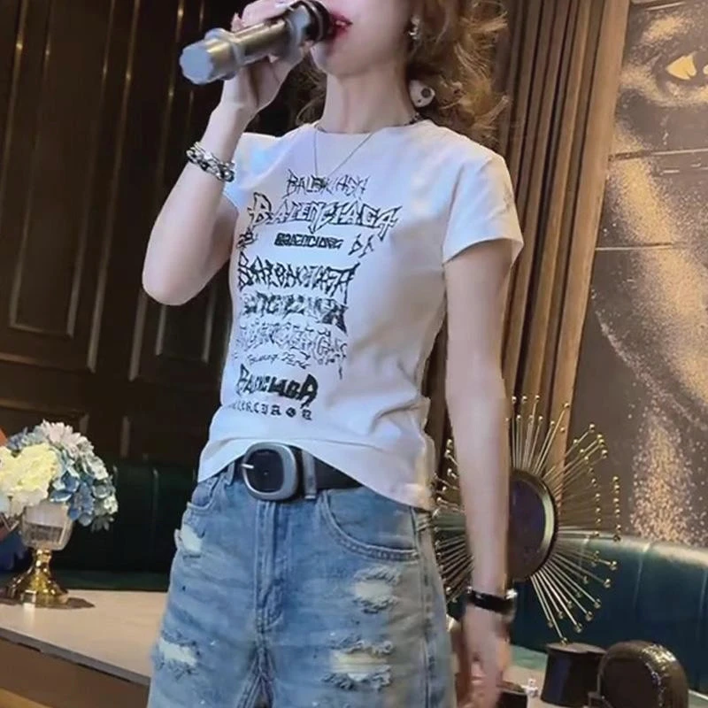 2025夏季新款女士欧货时尚高端显瘦白色体恤圆领印花短袖恤上衣