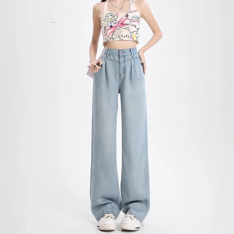 拉夏贝尔莱赛尔天丝牛仔裤女早秋季小个子高腰垂感窄版直筒冰丝裤