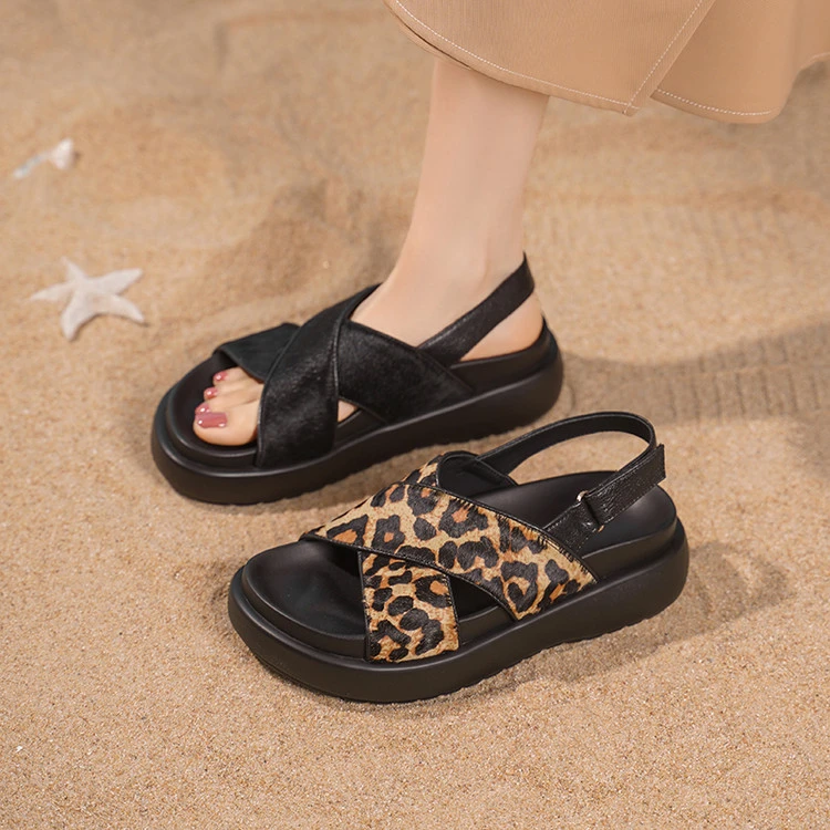 豹纹马毛~6cm夏季新款交叉带厚底凉拖鞋舒适百搭简约后空鱼嘴凉鞋