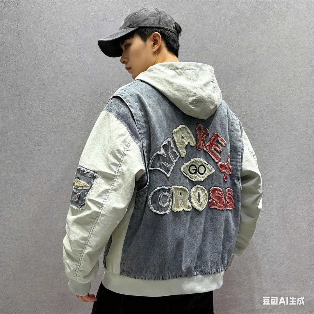 89006复古高级港风秋季时尚休闲美式工装双拼假两件外套夹克