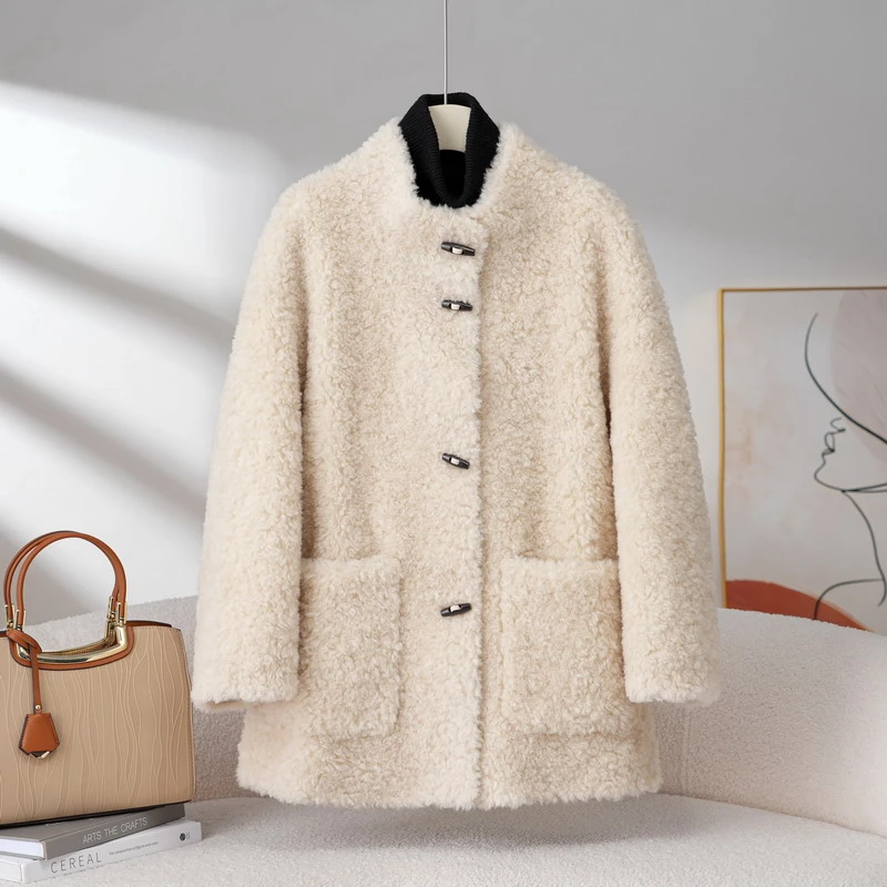 100%羊卷毛绵羊毛2024新款复合皮毛一体海宁羊剪绒大衣外套女中长