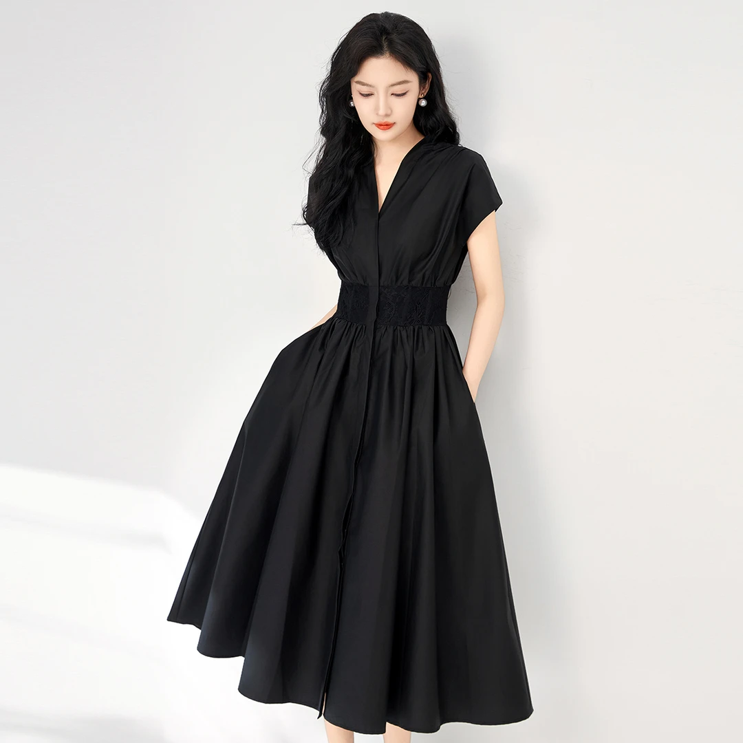 经典V领蕾丝拼接收腰连衣裙女大裙摆赫本风优雅高端礼服裙小黑裙