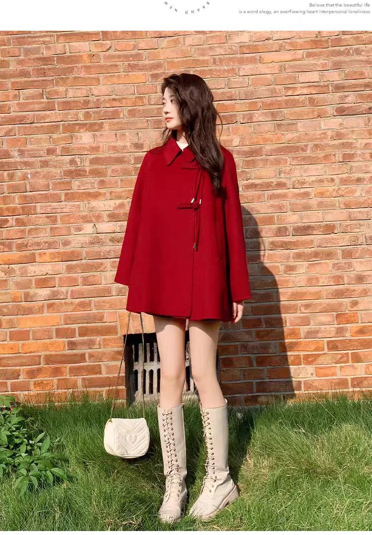 中长款毛呢外套韩版加棉女呢大衣冬季呢大衣红色双面