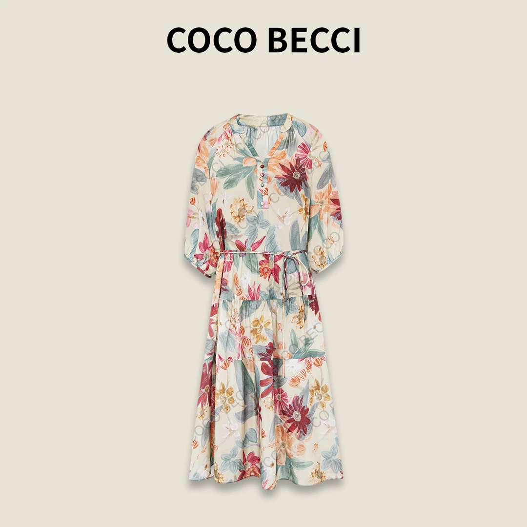 COCO BECCI【油画花语】100%桑蚕丝03双绉显瘦连衣裙CFXYB372082