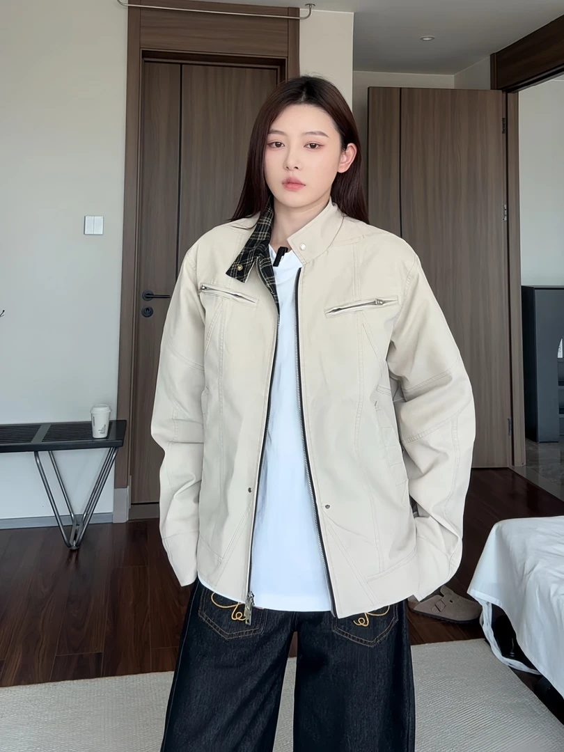 WIND BLOWS复古立领水洗皮夹克百搭千鸟格时尚外套春秋