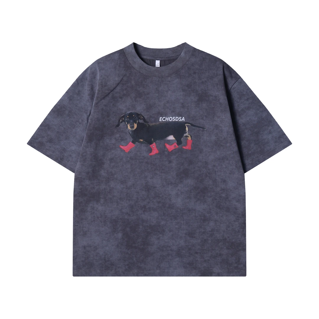 夏季高级感新款潮牌扎染小狗印花圆领短袖T恤情侣百搭休闲潮流