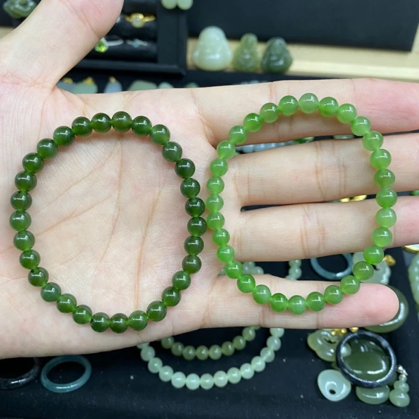 和田玉碧玉手串女款约6mm菠菜绿苹果绿（赠备用针线）