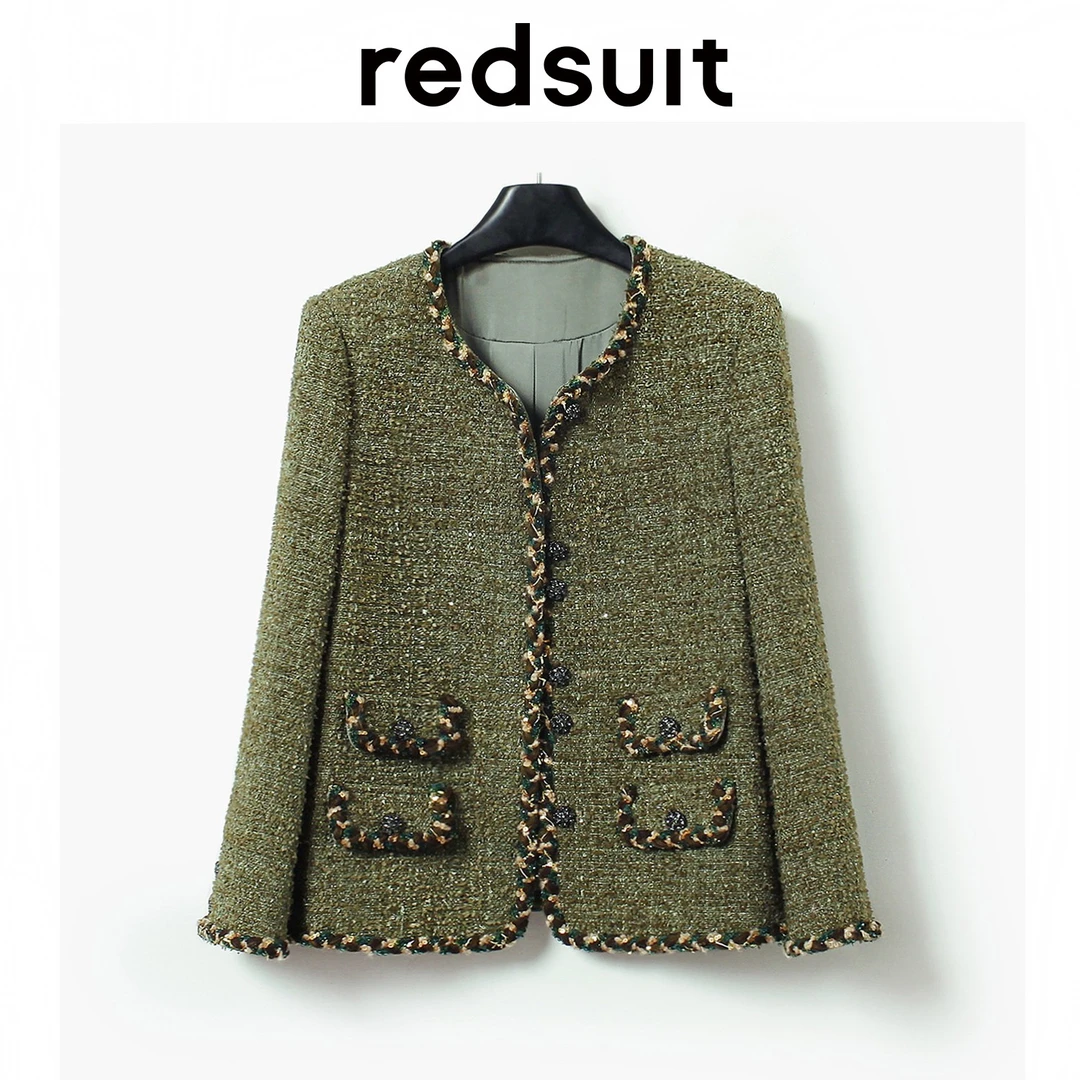 redsuit 惊艳全场！手工花边绿色中长款粗花呢小香风外套宽松显瘦