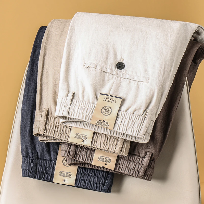 高端进口天然100%亚麻男裤松紧腰纯色免烫超薄透气百搭宽松休闲裤