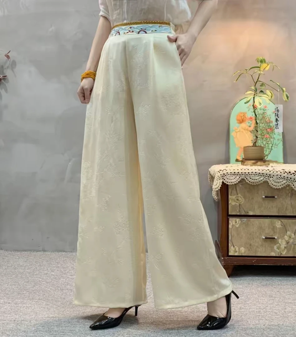 新款中式风显大气松紧腰刺绣刻花舒适直筒高腰阔腿裤时尚百搭766