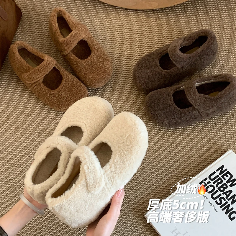 软糯小土豆~内增高5CM毛毛鞋加绒玛丽珍鞋勃肯鞋女秋冬季厚底棉鞋