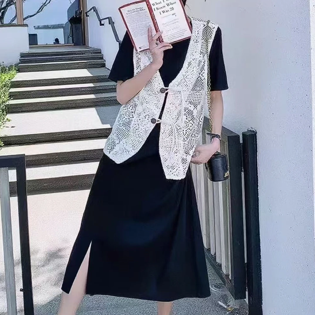 休闲长T搭配蕾丝马甲连衣裙显瘦洋气夏季薄款裙子