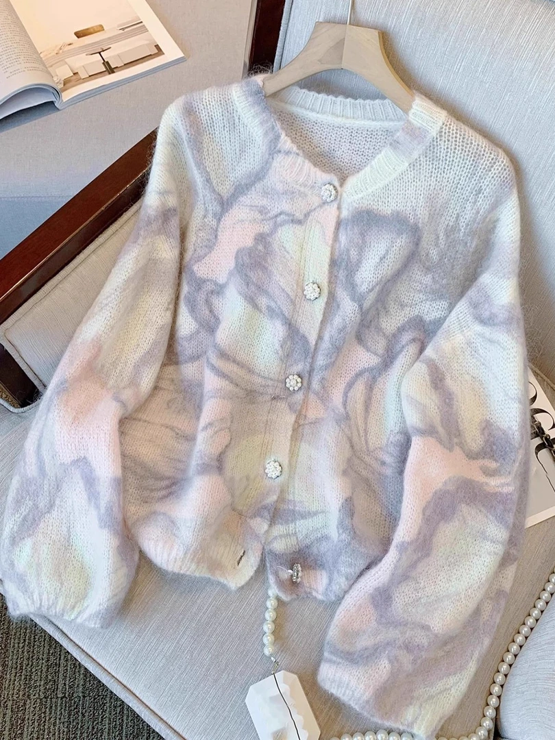 2025秋季新款淡人紫色韩版时尚水墨画设计感轻奢风长袖针织衫女款