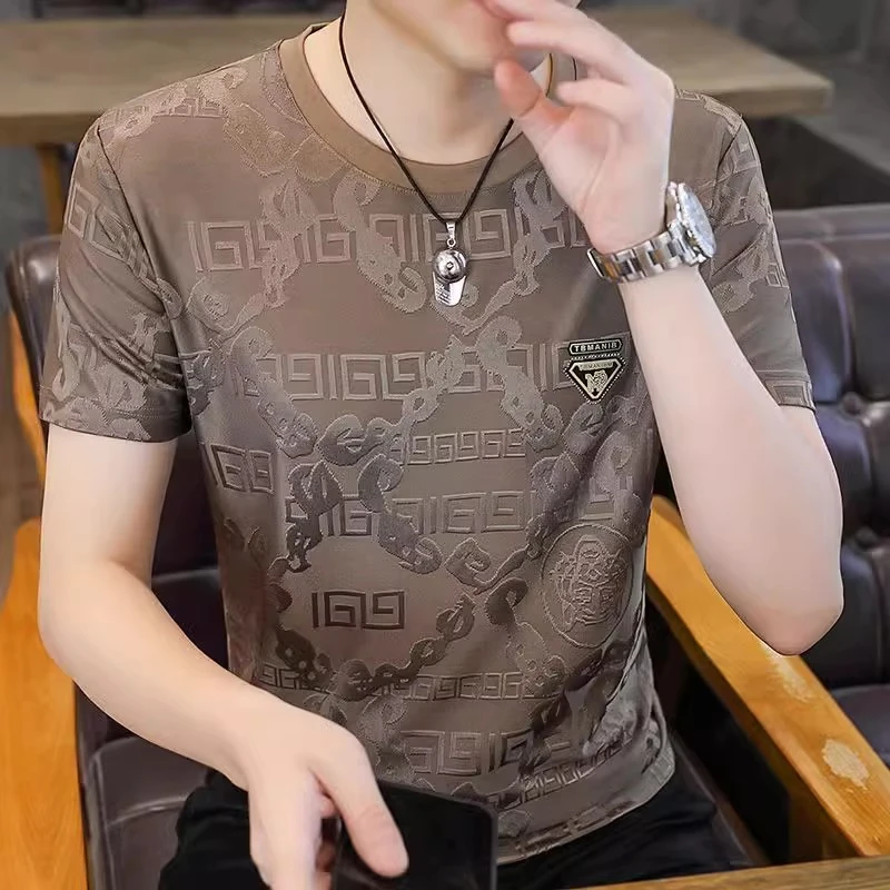 2025夏季新款男士冰丝提花短袖T恤速干男装加肥加大码半袖上衣服