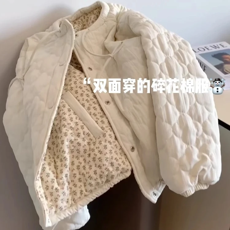 双面穿白色碎花棉服女冬季新款小个子洋气夹棉外套洋气轻薄小棉袄